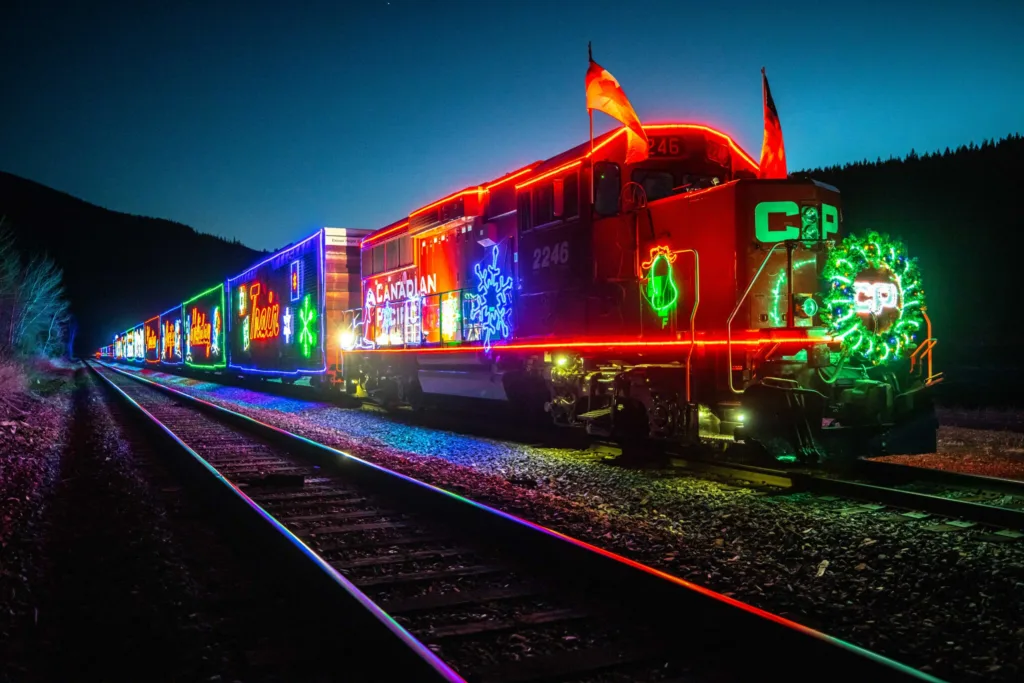 Canadian Pacific CP Holiday Train all lit up at night