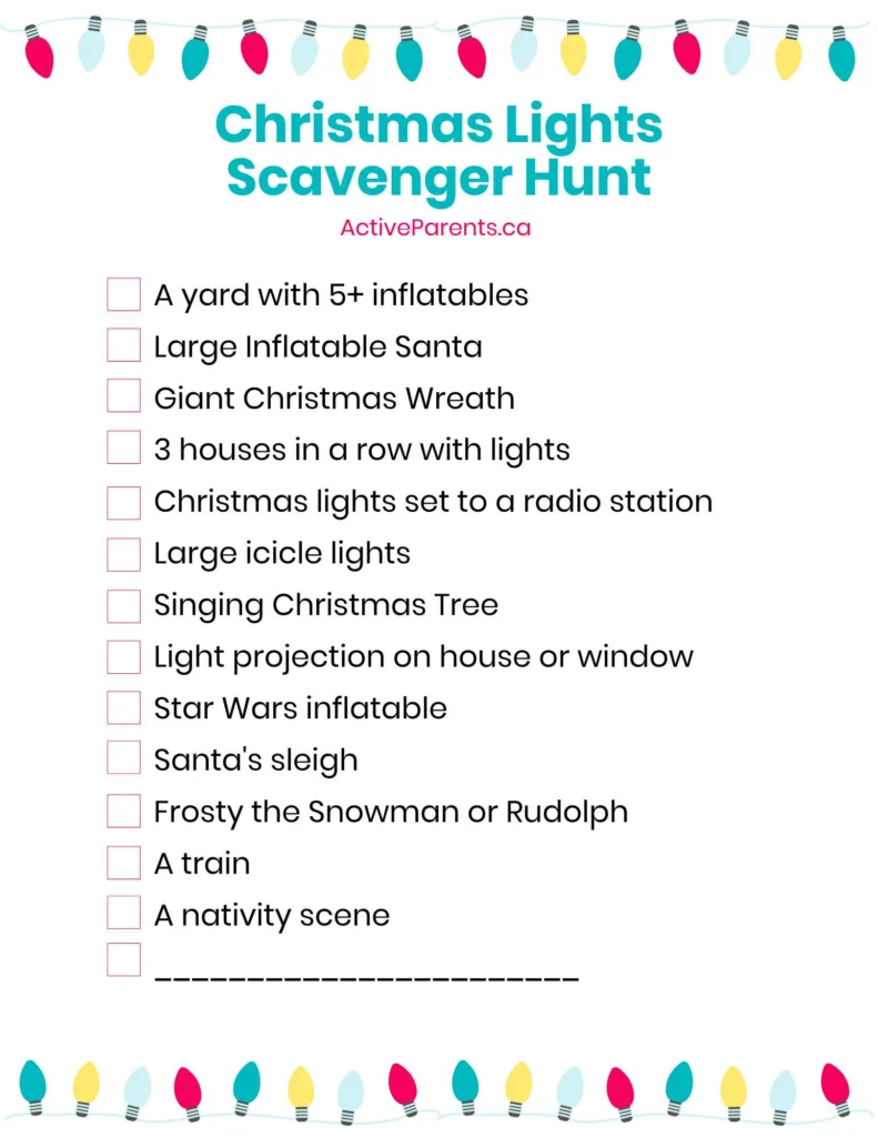 Printable downloadable christmas lights scavenger hunt