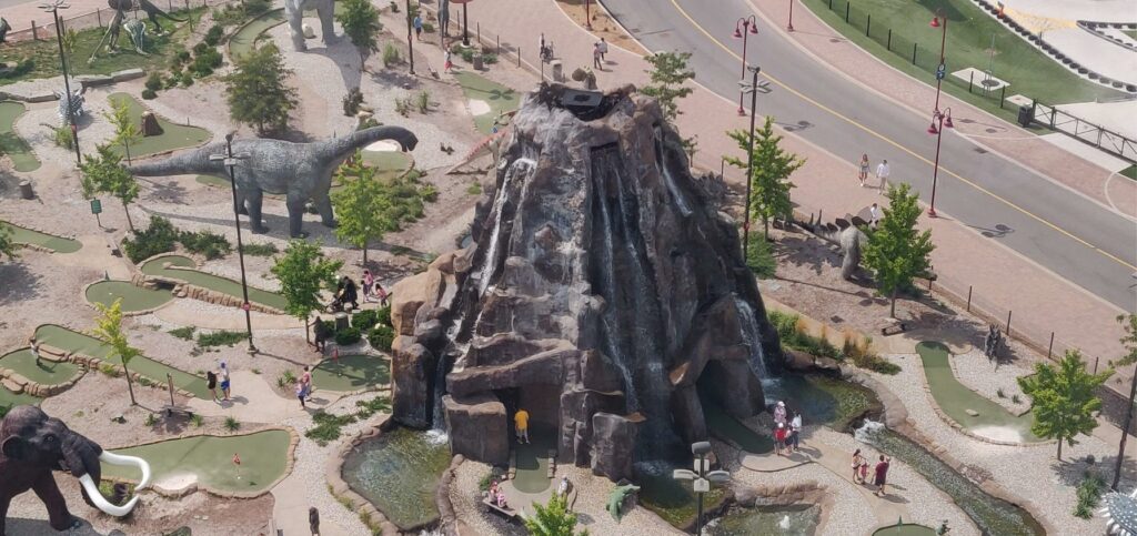 An aerial view of the Dinosaur Adventure Golf course taken from the Niagara Skywheel Ferris Wheel, two great things to do in niagara falls