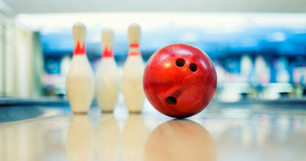 Bowling ball and pins on a bowling alley